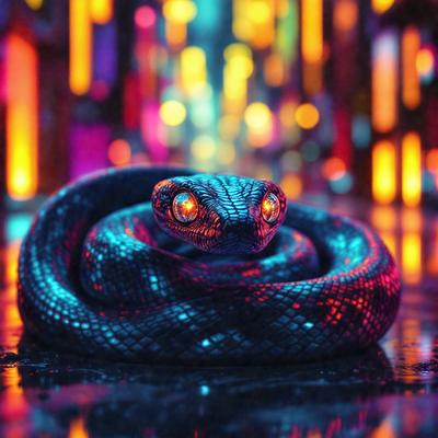 The primary subject of the image is a snake, which is the main object, scene, or focus of the image. The snake is sitting on a surface, possibly a street or a sidewalk, and it appears to be looking at the camera. The setting or background of the image includes a city street with lights, creating a vibrant and lively atmosphere. The visual style of the image is a combination of photo and digital art, giving it a unique and eye-catching appearance. The colors and mood of the image